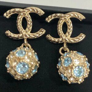 CHANEL CC Logos Blue Rhinestone Ball Dangle Earrings Gold Tone B19P Auth w/Box